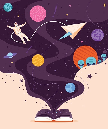 Space book imagination. Inspiring storybook galaxy environment and cosmos storytelling for school kids reading, learning education magic space universe vector illustration of space imagination book