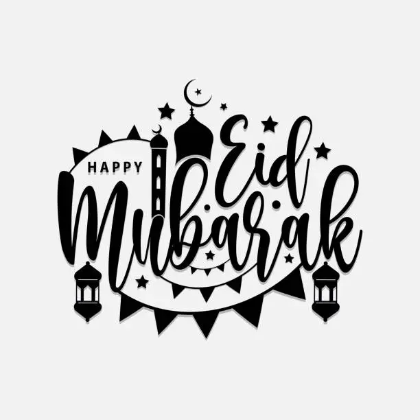 Vector illustration of Isolated on calligraphy of happy eid mubarak vector illustration with black color hanging lantern moon and star stroke line.