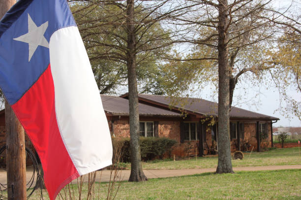 bandierina del texas con la casa del ranch di mattoni sullo sfondo - texas state flag foto e immagini stock