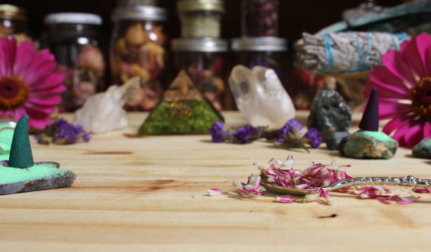 istock Incense Cones on Stone Slab With Crystals and Flowers 1474780381