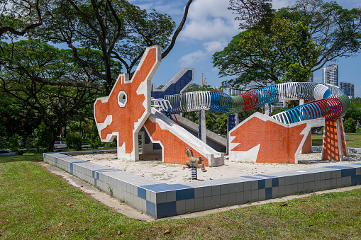 Old-fashioned playground in in the shape of a dragon in Toa Payoh, Singapore. There were many playgrounds designed in this manner in the 1970s but almost all have been demolished.