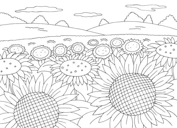 Vector illustration of Sunflower field coloring graphic black white landscape sketch illustration vector