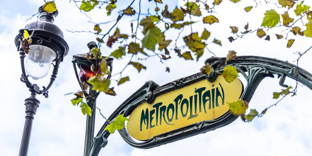 Sign at the entrance of a metro station in Paris Sign at the entrance of a metro station in Paris, France paris metro sign stock pictures, royalty-free photos & images