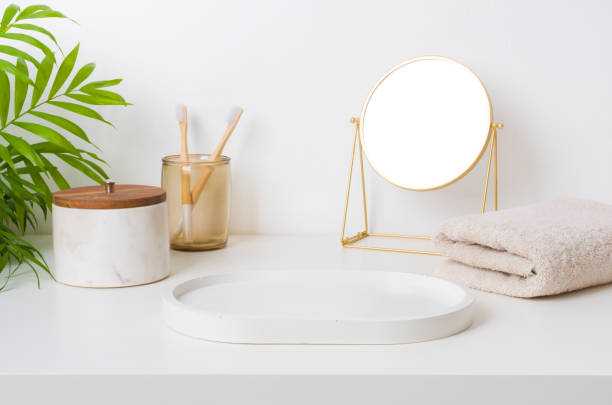 istock Empty tray on bathroom table with various hygiene eco accessories 1474781968