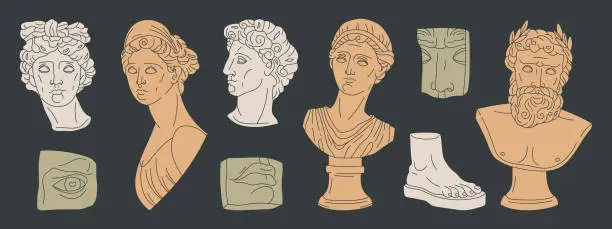Vector illustration of Greek antique sculpture. Classic ancient statues, marble heads and body parts. Mythological greek god and goddess sculptures flat vector illustration set