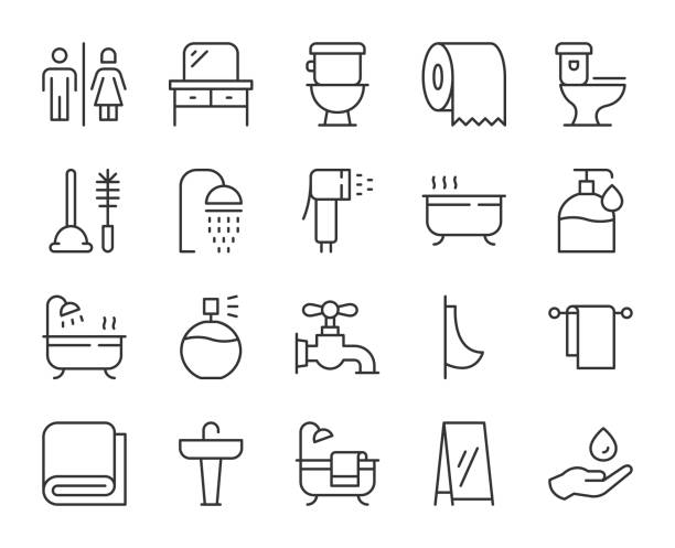 ilustraciones, imágenes clip art, dibujos animados e iconos de stock de bañera y baño - iconos de línea luminosa - water