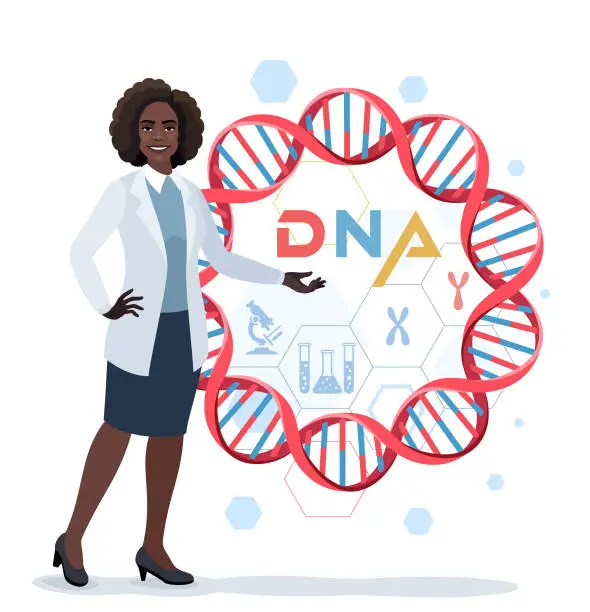 Vector illustration of African-American Female Doctor character showing DNA Spiral Model. Medical laboratory concept. DNA Spiral Model. Medical laboratory concept.