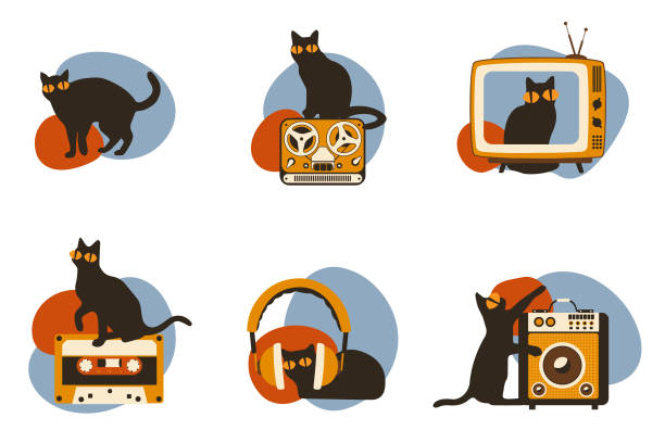 istock Set vector silhouettes of the cat with retro media icon, different poses on white background, Cute and funny vector. 1474784525