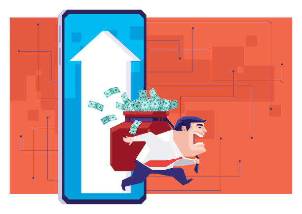 businessman holding stack of banknotes and leaving rising arrow sign doorway on smartphone vector illustration of businessman holding stack of banknotes and leaving rising arrow sign doorway on smartphone cartoon of rich man stock illustrations