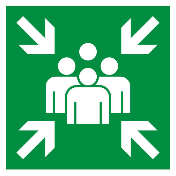 illustrazioni stock, clip art, cartoni animati e icone di tendenza di materiale dell'icona del luogo di raccolta dell'evacuazione - direction arrow sign road sign escape