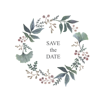 Wedding Invitation, floral invite. Modern card design. Green leaf, decorative wreath & frame pattern. Vector elegant watercolor rustic template.