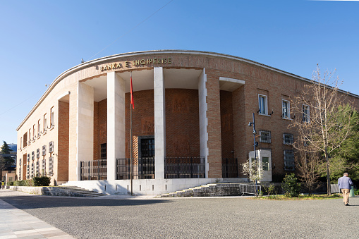 Tirana, Albania. March 2023.  the palace of the Albanian central bank in the city center