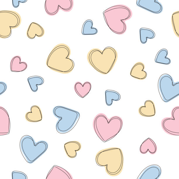 Soft, pastel pink, yellow and blue background with hearts Soft, pastel pink, yellow and blue background with hearts. Vector seamless pattern with hearts. Cute sweet love baby background. Colorful design for textile, wallpaper, fabric, decor. drawing of pink and black polka dot wallpaper stock illustrations