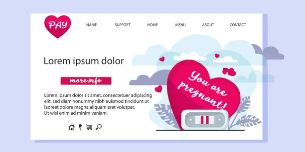 Vector illustration of Web page, pregnancy planning template in flat style. Heart with a positive pregnancy test on an abstract color background with space for text.