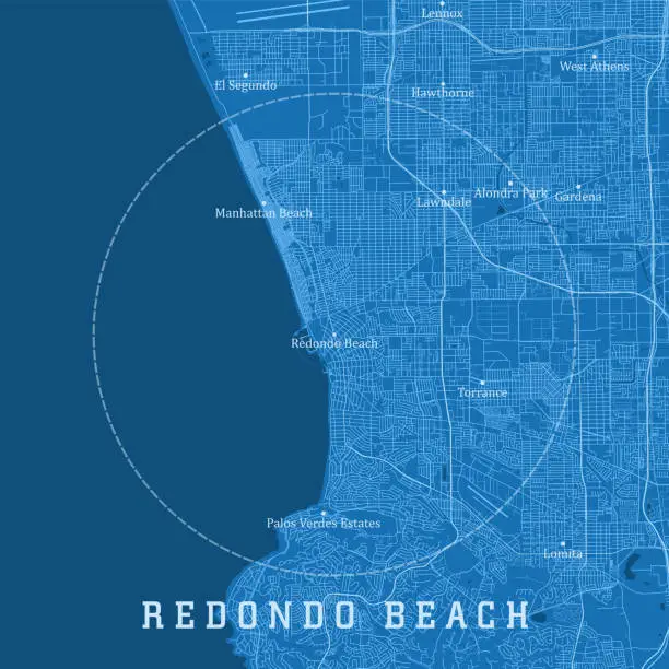 Vector illustration of Redondo Beach CA City Vector Road Map Blue Text