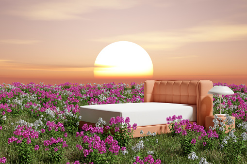 Abstarct 3d render, Platform and Natural podium background, Sleep bed and lamp on the Flowers and grass filed backdrop sunrise or sunset for product display or etc, Concept Happy sleep