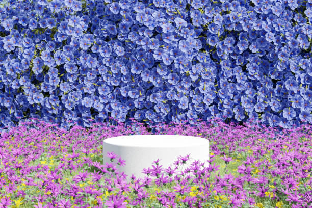 istock Abstact 3d render spring scene and Natural podium background, White stone podium on the pink flowers and grass field, backdrop violet flowers wall for product display advertising, cosmetic, etc 1474789285