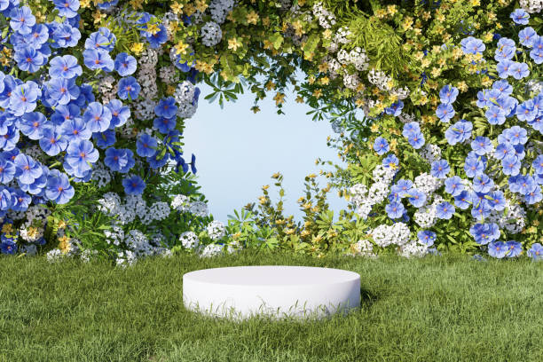 istock Abstact 3d render spring scene and Natural beauty podium background, Stone podium on the grass field, backdrop colorful flowers arch door for product display advertising, cosmetic or etc 1474789306