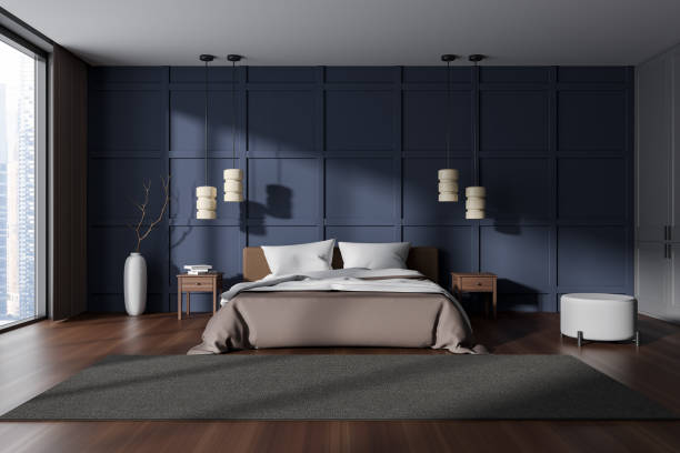 istock Front view on dark bedroom interior with bed, bedsides, pouf 1474789451
