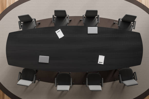 istock Top view on dark office room interior with conference board 1474789471