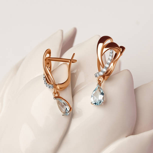 Elegant jewelry set. Jewellery set with gemstones. Jewelry accessories collage. Product still life concept. Ring, necklace and earrings. stock photo