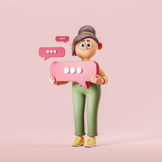 istock 3d rendering. Cartoon woman holding a text message on pink background 1474789646
