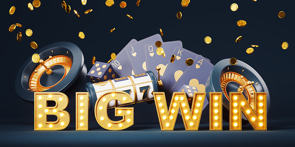 Big win sign and royal flush cards with 777 jackpot, chips and roulette wheel on dark background with falling money. Concept of luck and success. 3D rendering