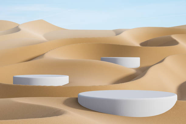 istock Three platforms on sand in desert. Mockup for product display 1474789821