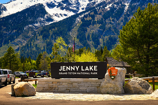 Jenny Lake, Wyoming, USA - June 8, 2022 : Welcome sign at the entrance to Jenny Lake in Grand Teton National Park.