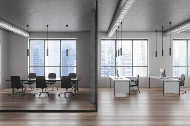 istock Office interior with meeting room and workspace near panoramic window 1474790377