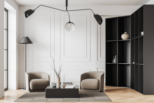 istock Light relax interior with two armchairs and shelf with decor, window 1474790454
