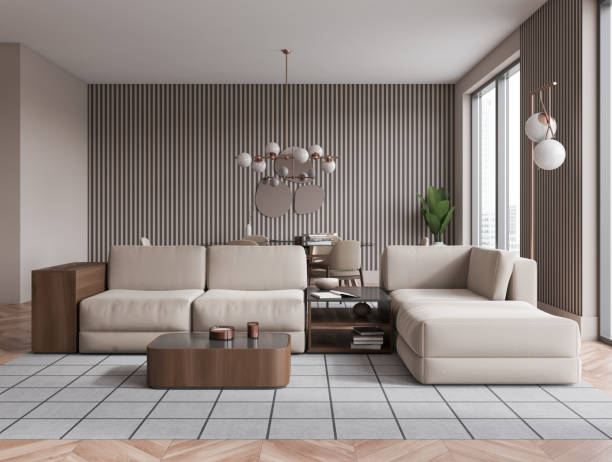 istock Beige living room interior with couch and eating table, panoramic window 1474791105