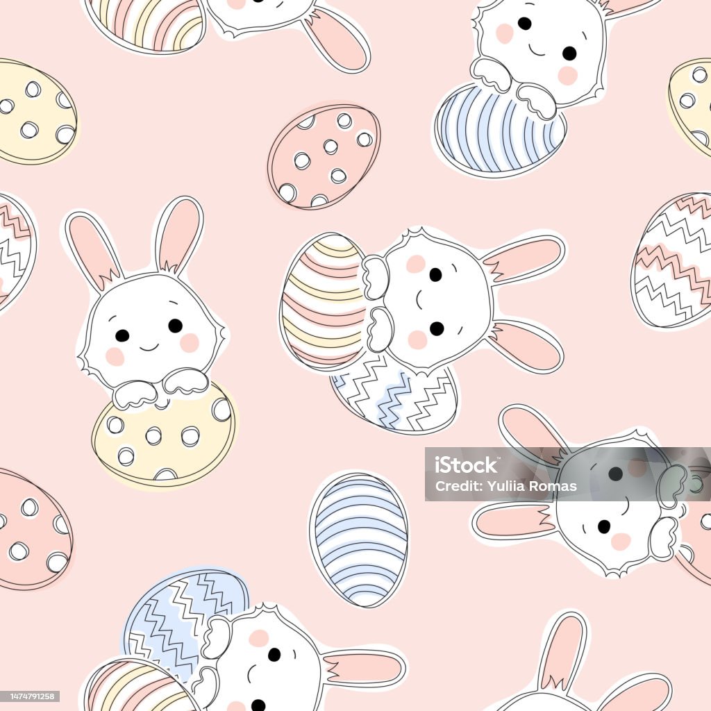 Patterned Line Easter Seamless Easter Pattern With Cute Rabbits And Eggs Hand Drawn Line Art ...
