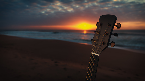 acoustic guitar on sandy beach In the background is the sea where the sun is setting, concept, music and tourism.3d render and illustration.