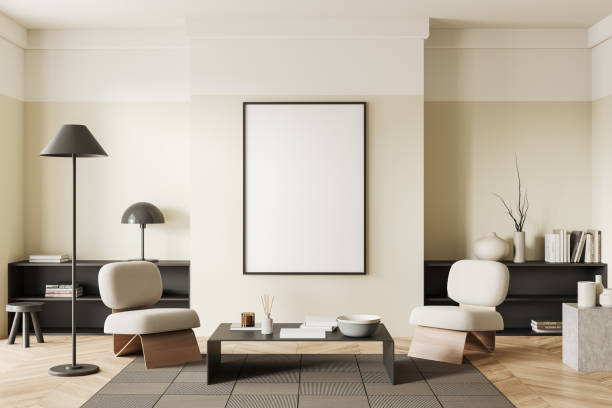 istock Cozy relaxing room interior with armchairs and decoration, mockup frame 1474791469