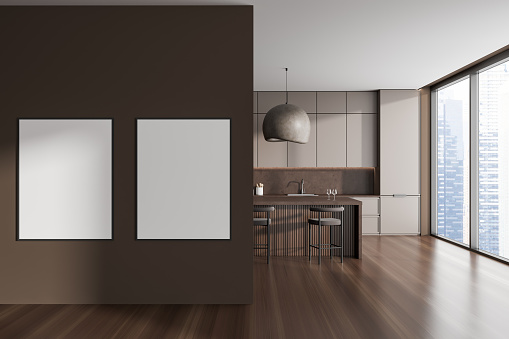 Front view on dark kitchen room interior with two empty white posters, island, barstool, panoramic window, grey wall, hardwood floor, sink. Concept of minimalist design. Mock up. 3d rendering