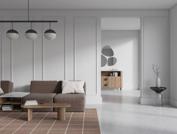 istock Front view on bright living room interior with couch, arch 1474791702