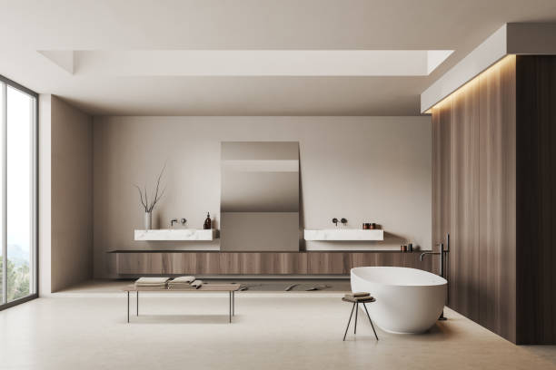 istock Front view on bright bathroom interior with large mirror, bathtub 1474791742