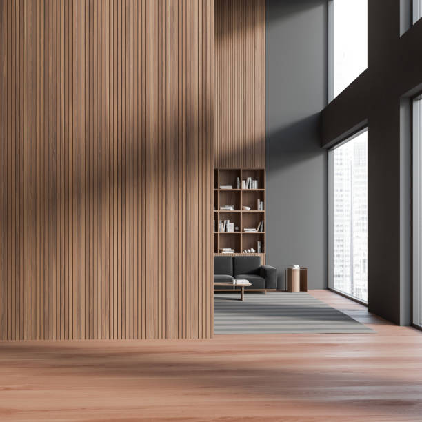 istock Front view on dark living room interior with wooden wall 1474791922