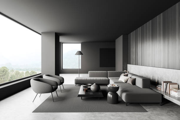 istock Grey chill room interior with couch and shelf with decoration and window 1474792031