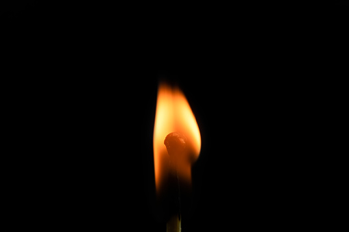 Roll of matchsticks has ignited, showing fired light up in isolated.