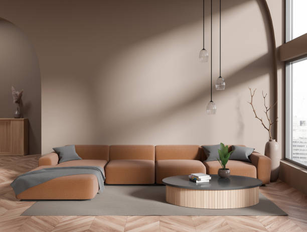 istock Dark living room interior with couch and coffee table, window. Mockup wall 1474792241