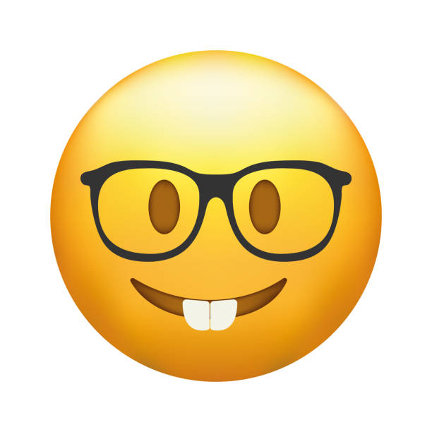 nerd-emoji. emoticon mit transparenter brille, lustiges gelbes gesicht mit schwarz umrandeter brille. - uncool stock-grafiken, -clipart, -cartoons und -symbole