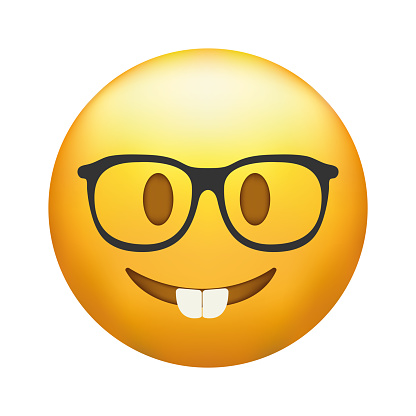 Nerd emoji. Emoticon with transparent glasses, funny yellow face with black-rimmed eyeglasses.