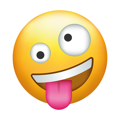 Zany emoji. Goofy emoticon with crazy eyes and tongue out.