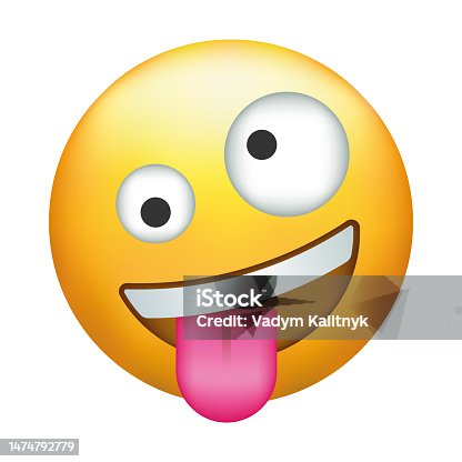 istock Zany emoji. Goofy emoticon with crazy eyes and tongue out. 1474792779