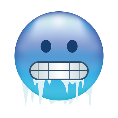Cold emoji. Freezing emoticon, icy blue face with gritted teeth, icicles and snow cap