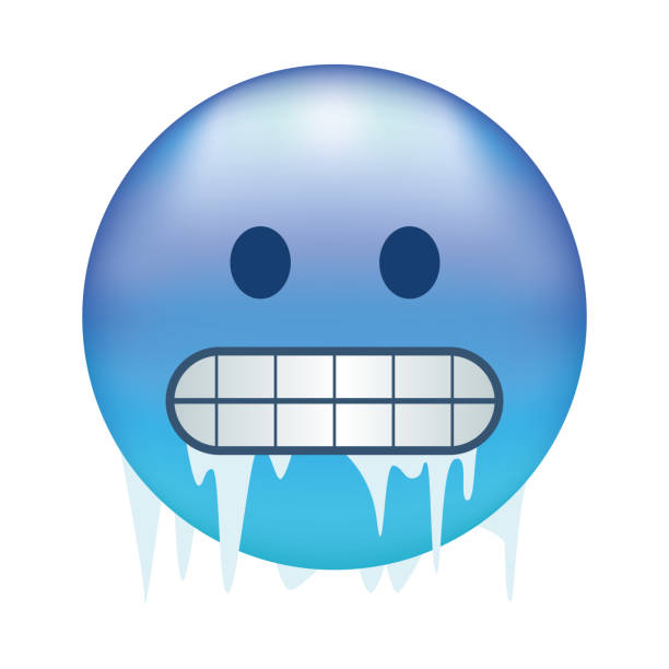 Cold emoji. Freezing emoticon, icy blue face with gritted teeth, icicles and snow cap Cold emoji. Freezing emoticon, icy blue face with gritted teeth, icicles and snow cap clenching teeth stock illustrations