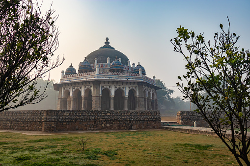 nila gumbad of humayun tomb exterior view at misty morning from unique perspective