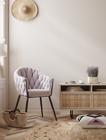 Home mock up, modern beige home interior, Scandinavian style, 3d render